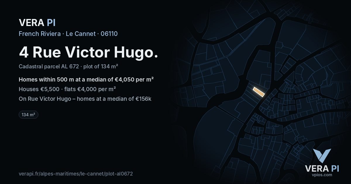 4 Rue Victor Hugo, Le Cannet at night – the plot lit, the parcels around coloured by the prices near them