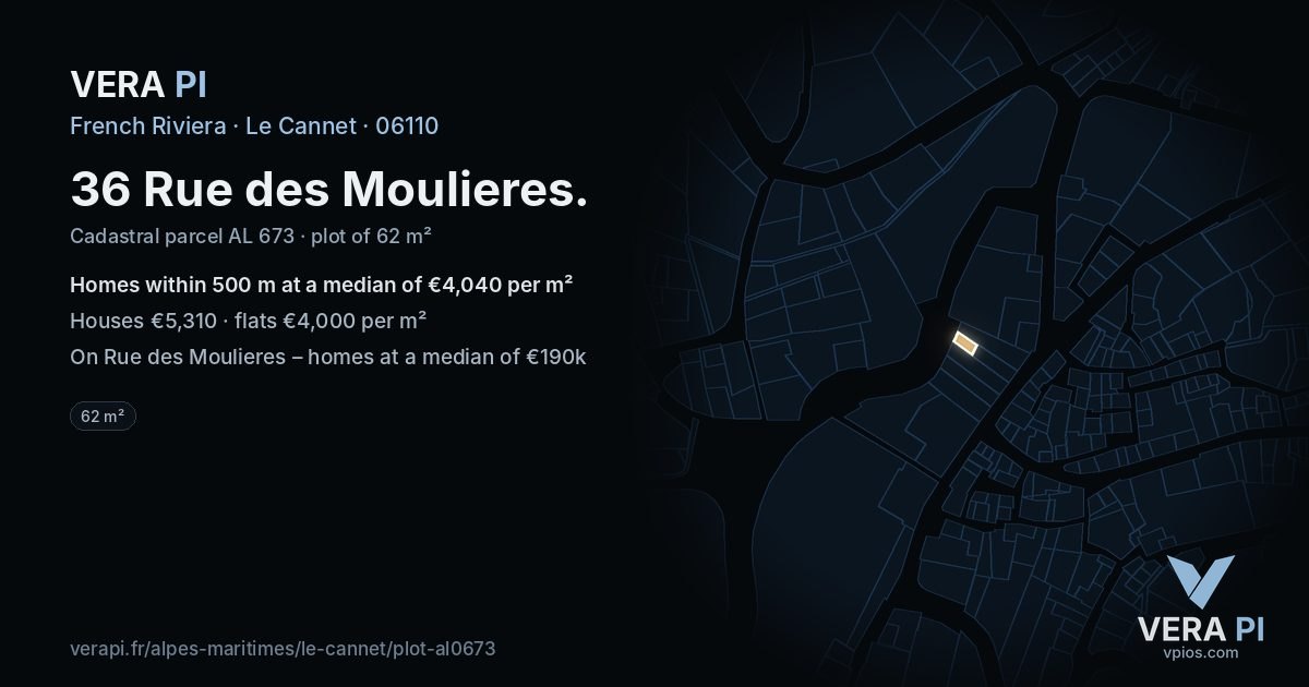 36 Rue des Moulieres, Le Cannet at night – the plot lit, the parcels around coloured by the prices near them