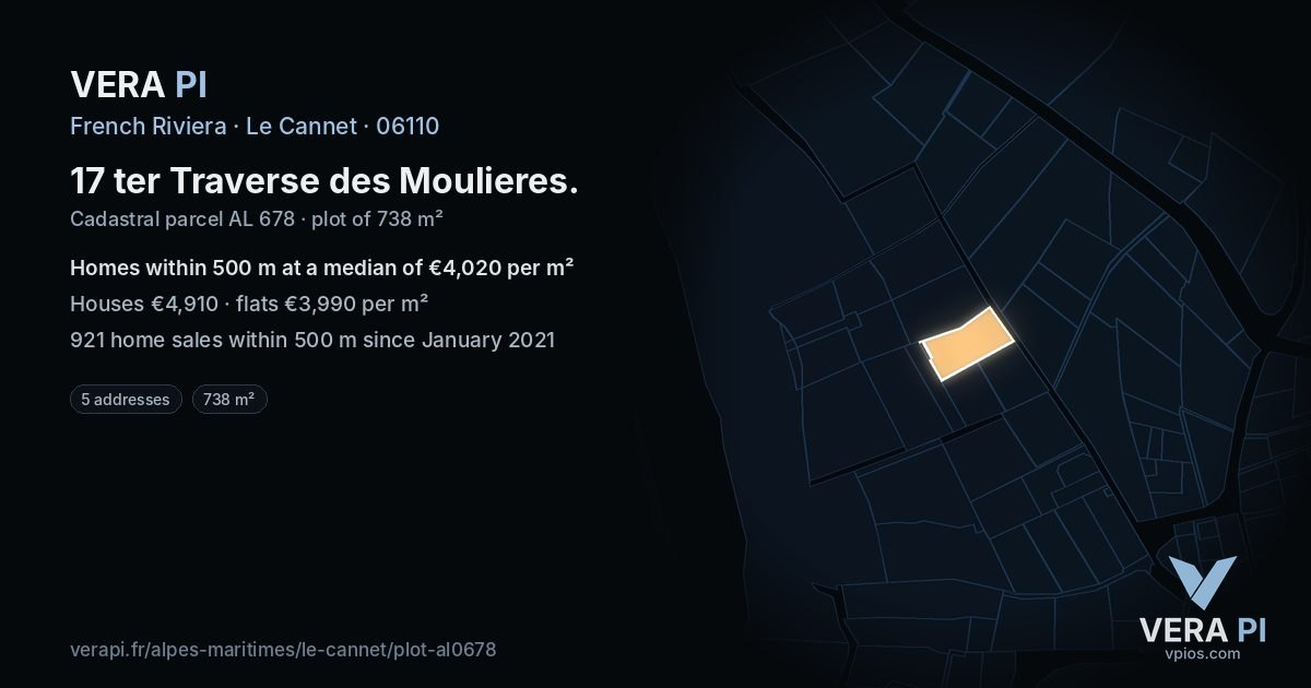 17 ter Traverse des Moulieres, Le Cannet at night – the plot lit, the parcels around coloured by the prices near them