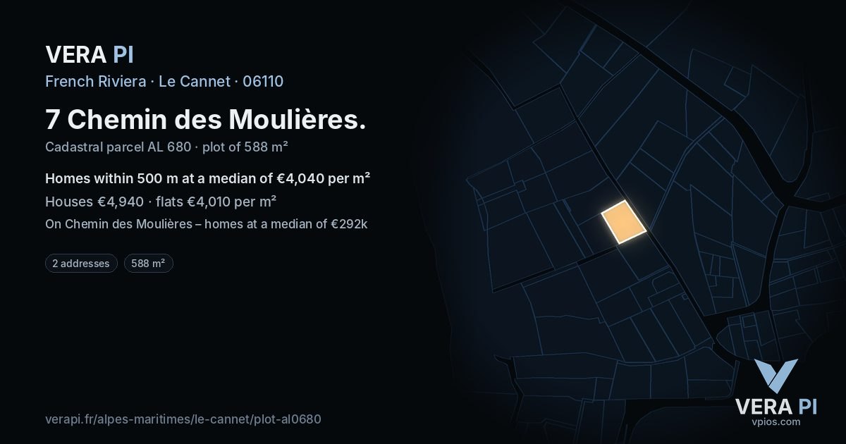 7 Chemin des Moulières, Le Cannet at night – the plot lit, the parcels around coloured by the prices near them