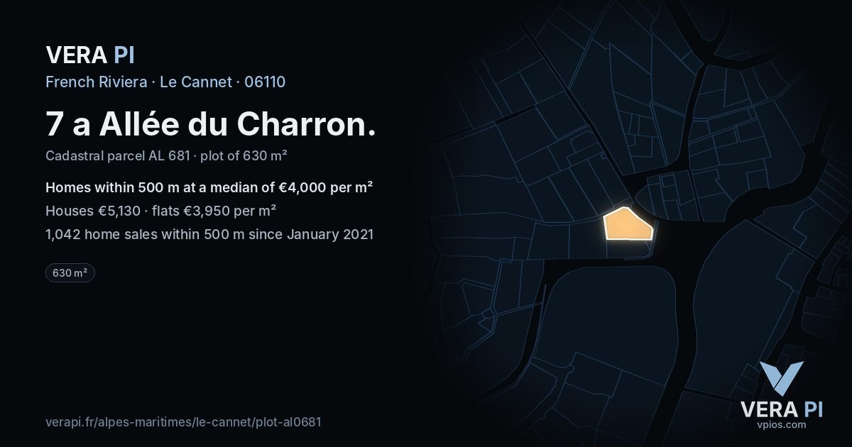 7 a Allée du Charron, Le Cannet at night – the plot lit, the parcels around coloured by the prices near them