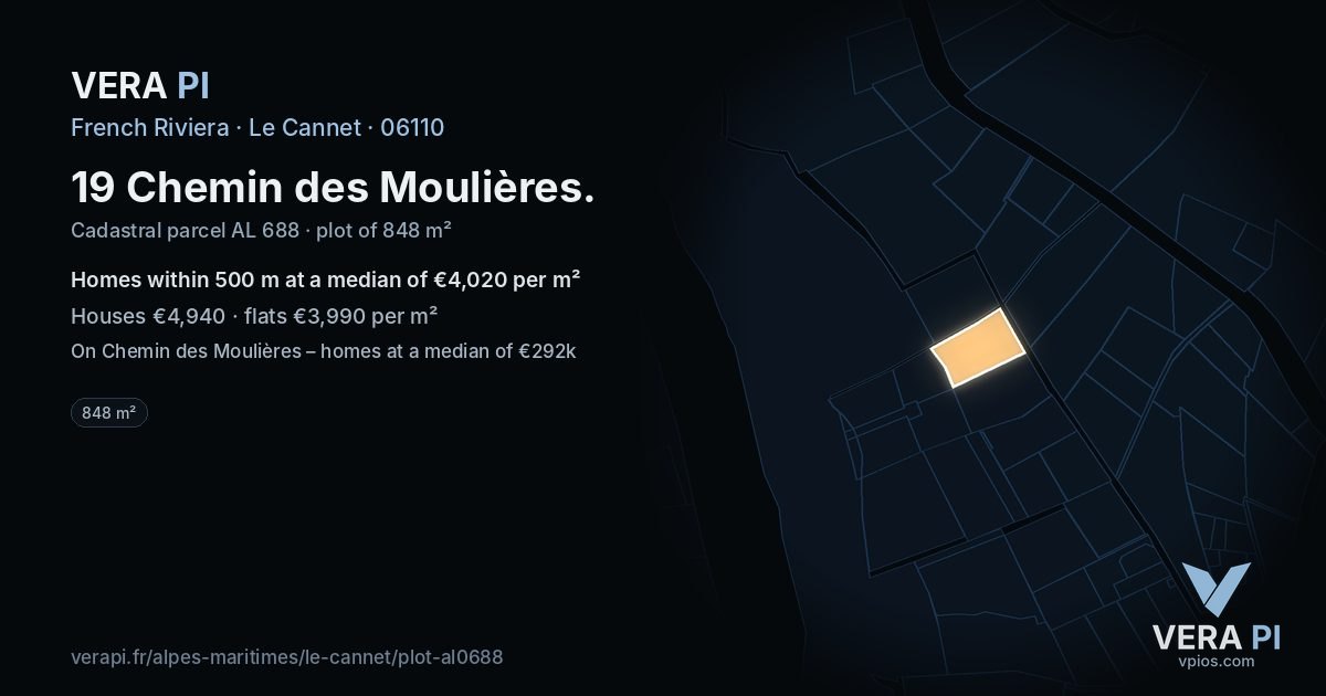 19 Chemin des Moulières, Le Cannet at night – the plot lit, the parcels around coloured by the prices near them