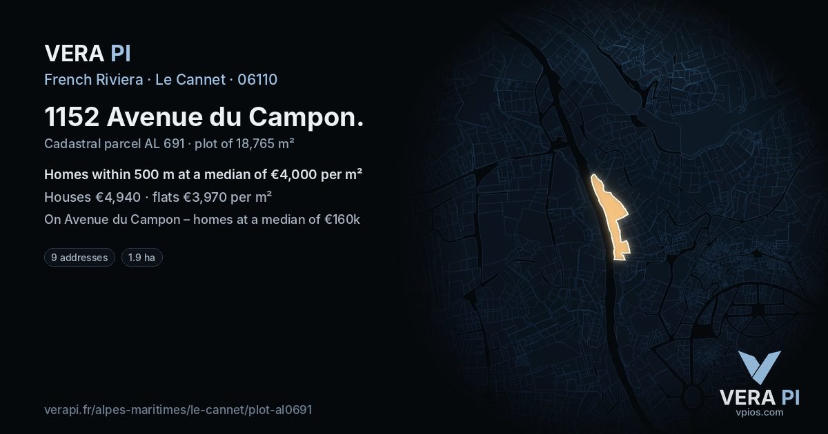 1152 Avenue du Campon, Le Cannet at night – the plot lit, the parcels around coloured by the prices near them