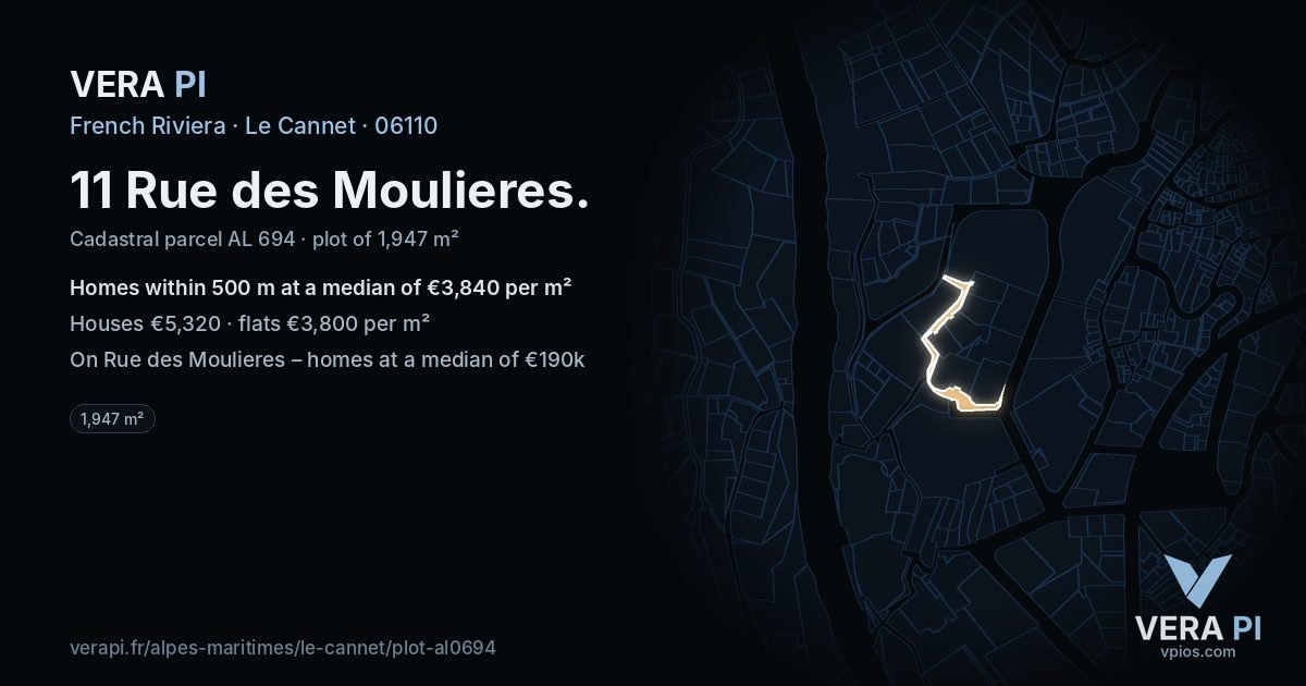 11 Rue des Moulieres, Le Cannet at night – the plot lit, the parcels around coloured by the prices near them