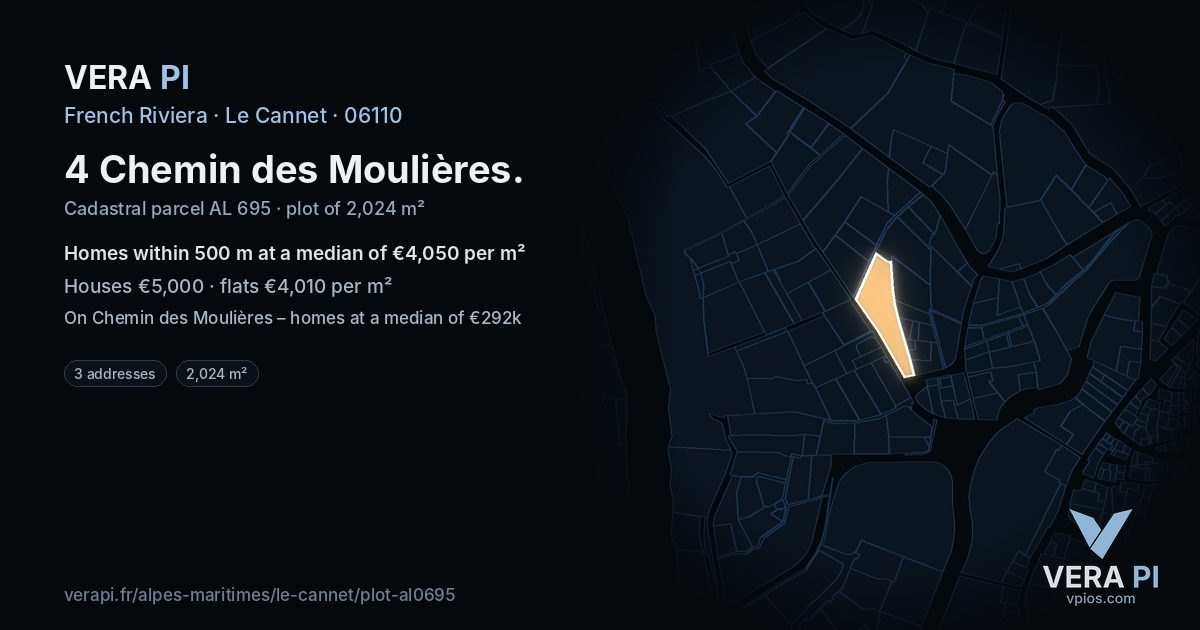 4 Chemin des Moulières, Le Cannet at night – the plot lit, the parcels around coloured by the prices near them