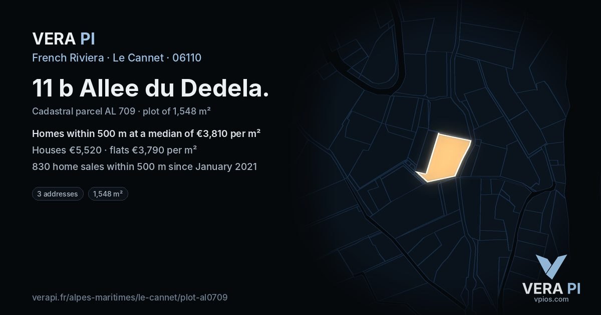 11 b Allee du Dedela, Le Cannet at night – the plot lit, the parcels around coloured by the prices near them
