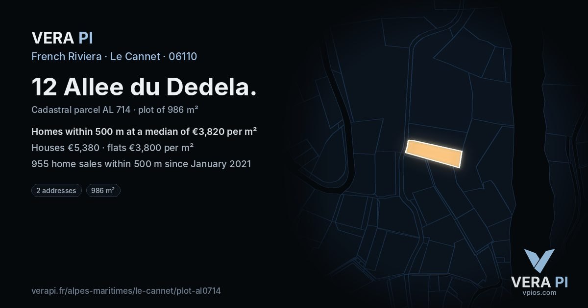 12 Allee du Dedela, Le Cannet at night – the plot lit, the parcels around coloured by the prices near them