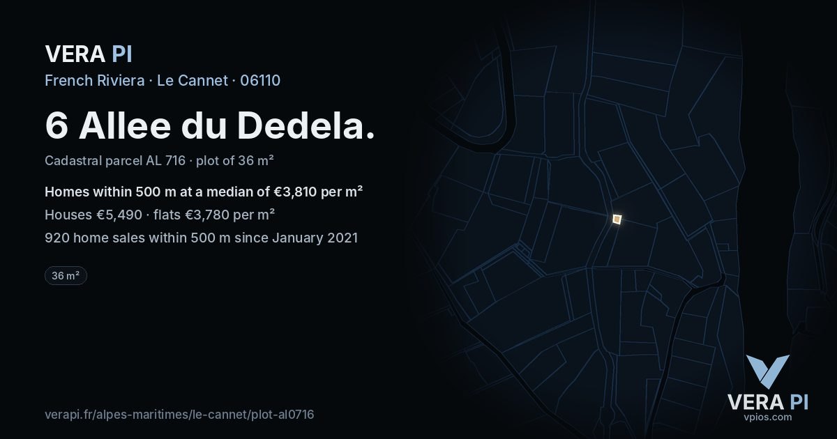 6 Allee du Dedela, Le Cannet at night – the plot lit, the parcels around coloured by the prices near them