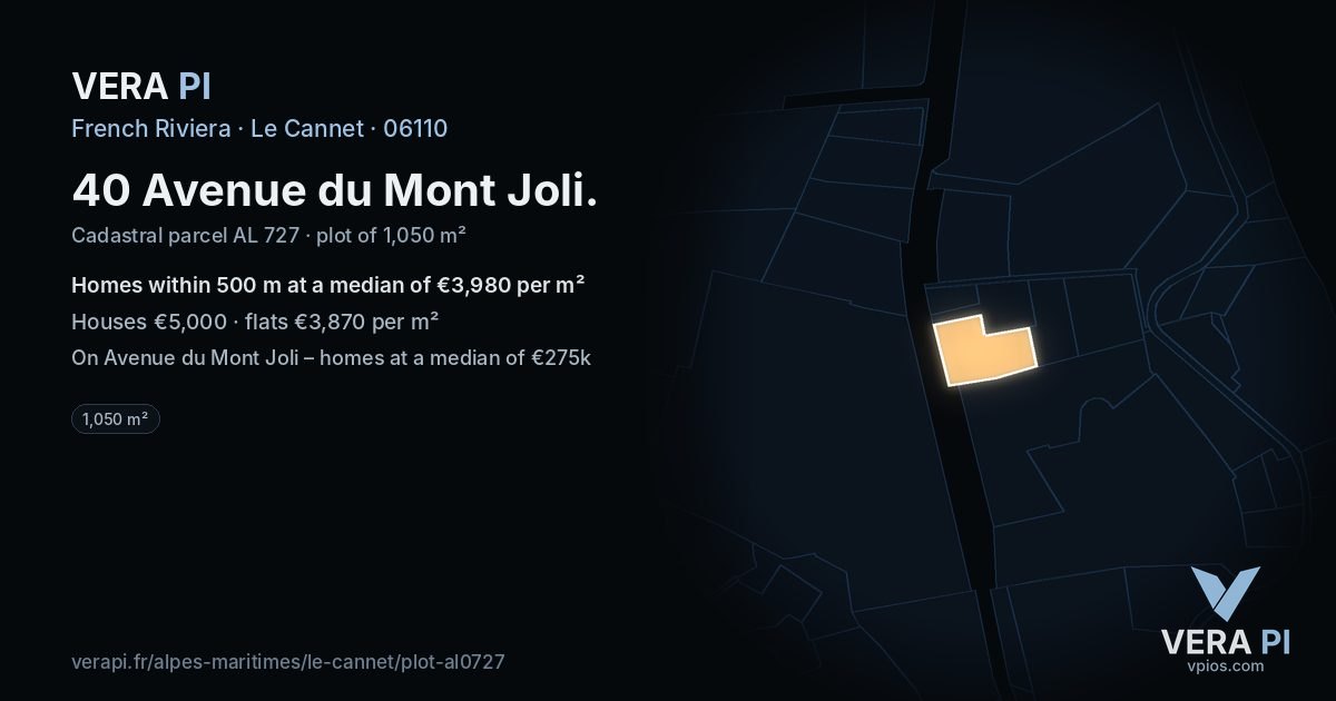 40 Avenue du Mont Joli, Le Cannet at night – the plot lit, the parcels around coloured by the prices near them
