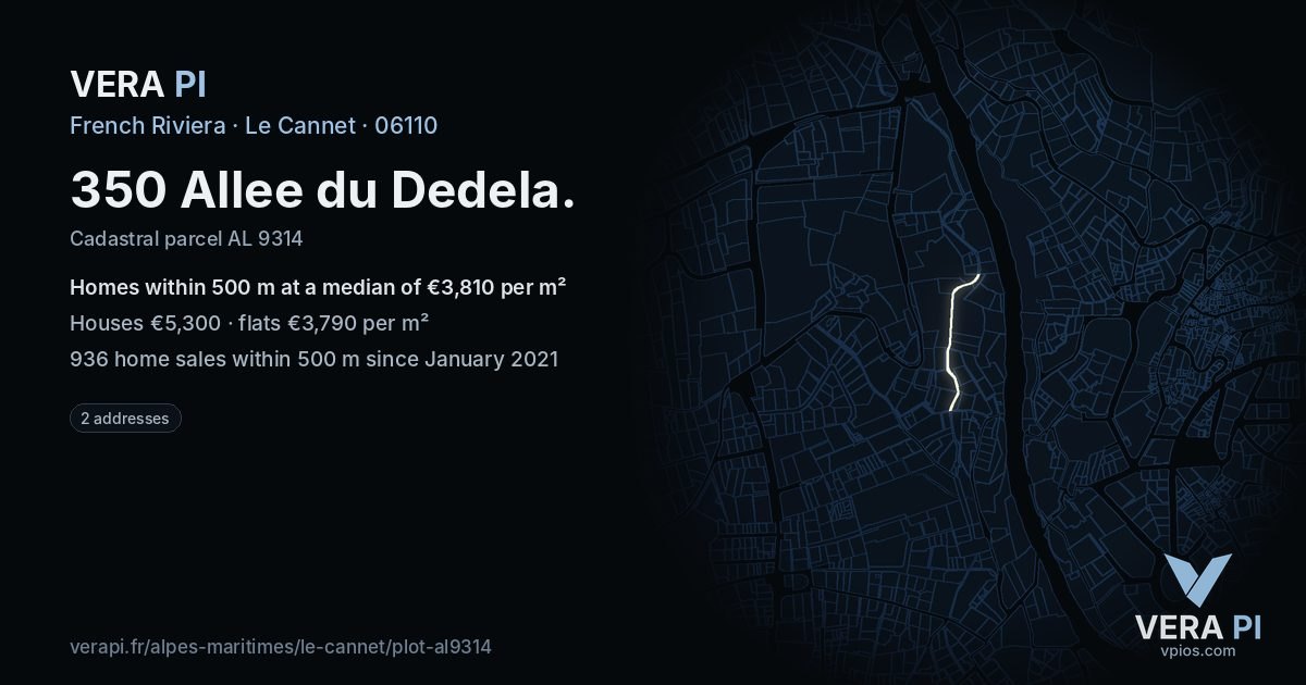 350 Allee du Dedela, Le Cannet at night – the plot lit, the parcels around coloured by the prices near them