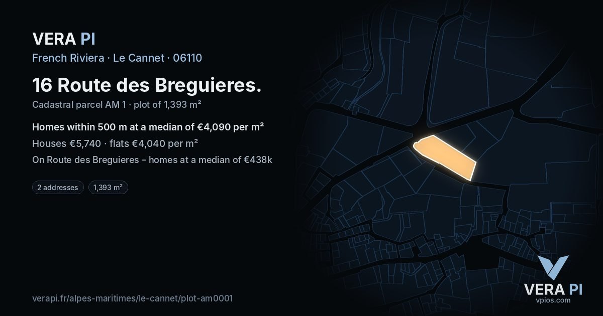16 Route des Breguieres, Le Cannet at night – the plot lit, the parcels around coloured by the prices near them