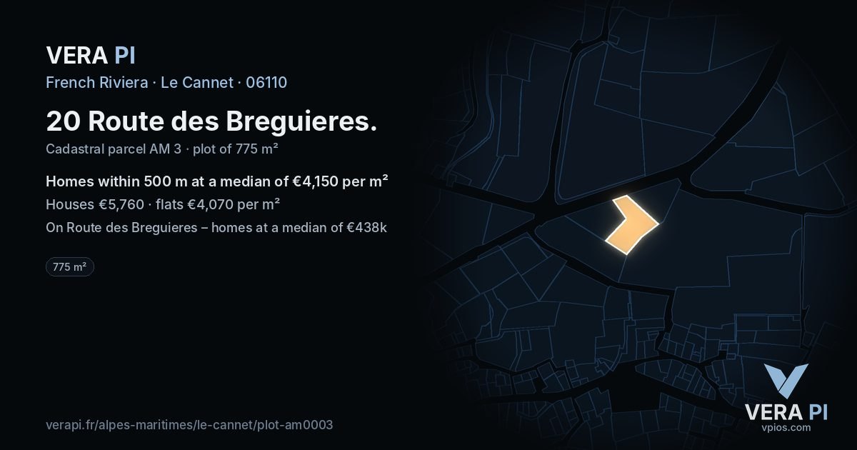 20 Route des Breguieres, Le Cannet at night – the plot lit, the parcels around coloured by the prices near them