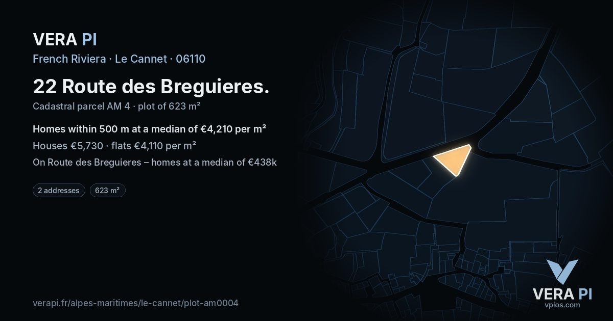22 Route des Breguieres, Le Cannet at night – the plot lit, the parcels around coloured by the prices near them