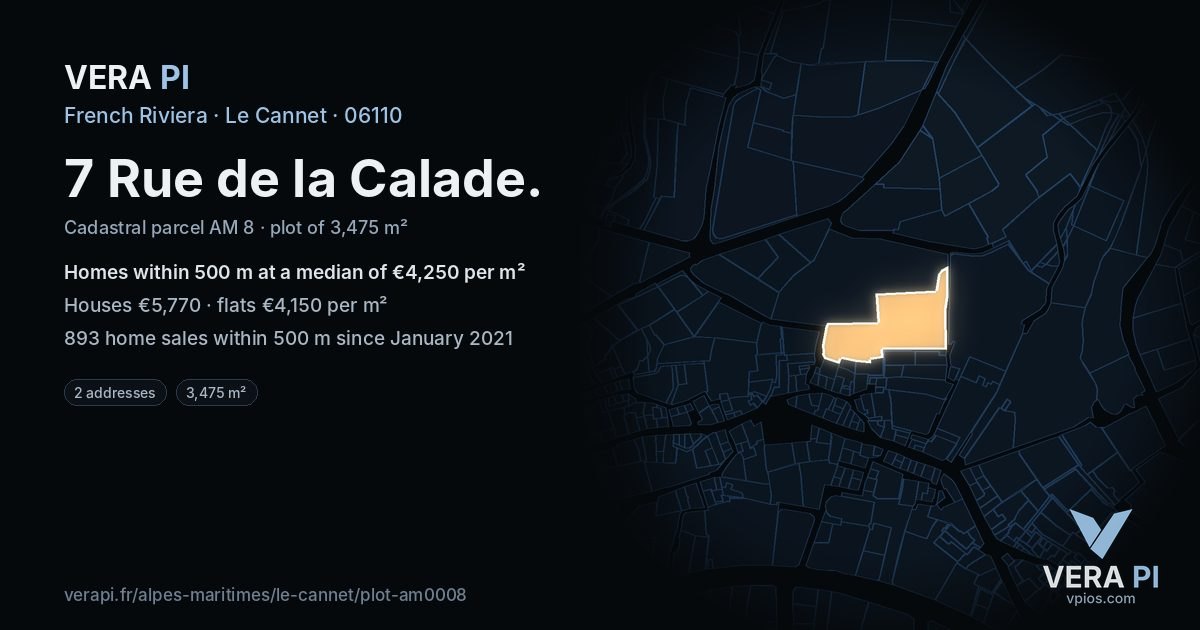 7 Rue de la Calade, Le Cannet at night – the plot lit, the parcels around coloured by the prices near them