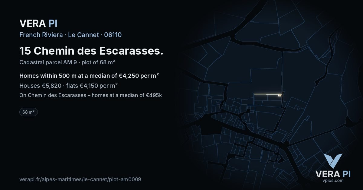 15 Chemin des Escarasses, Le Cannet at night – the plot lit, the parcels around coloured by the prices near them