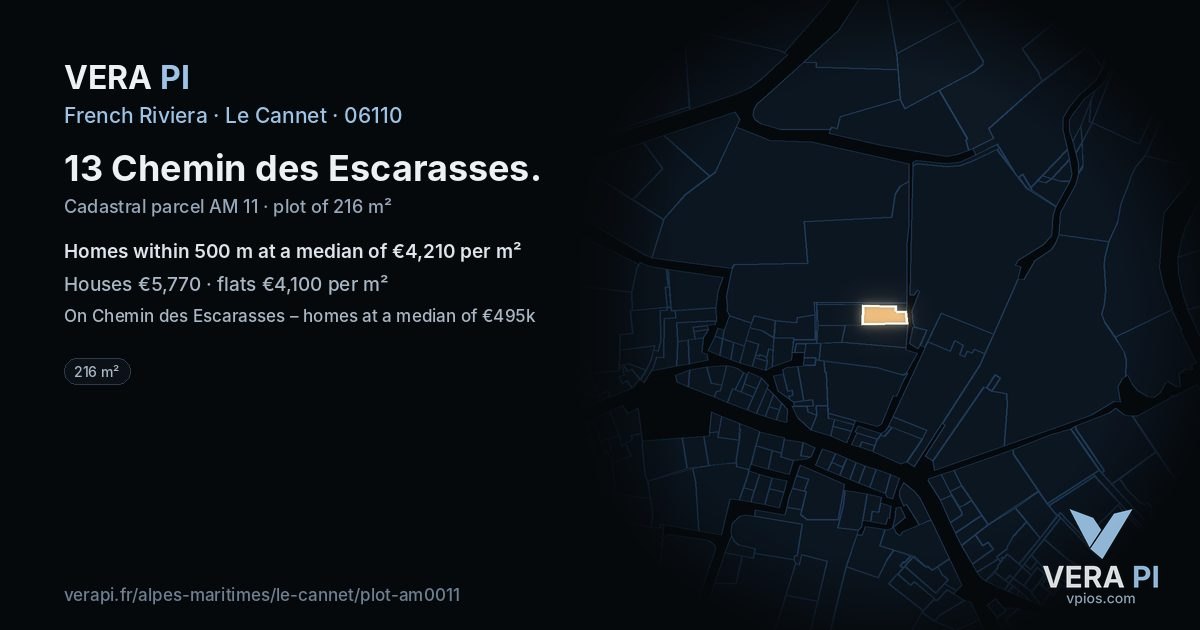 13 Chemin des Escarasses, Le Cannet at night – the plot lit, the parcels around coloured by the prices near them