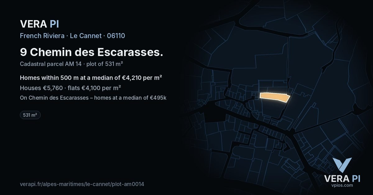 9 Chemin des Escarasses, Le Cannet at night – the plot lit, the parcels around coloured by the prices near them