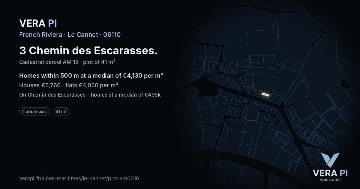 3 Chemin des Escarasses, Le Cannet at night – the plot lit, the parcels around coloured by the prices near them