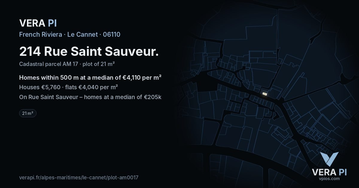 214 Rue Saint Sauveur, Le Cannet at night – the plot lit, the parcels around coloured by the prices near them