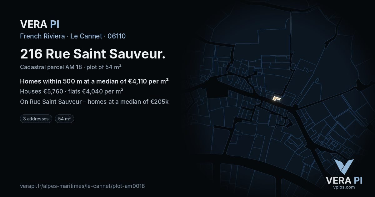216 Rue Saint Sauveur, Le Cannet at night – the plot lit, the parcels around coloured by the prices near them