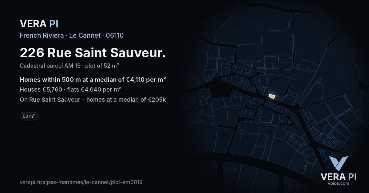 226 Rue Saint Sauveur, Le Cannet at night – the plot lit, the parcels around coloured by the prices near them