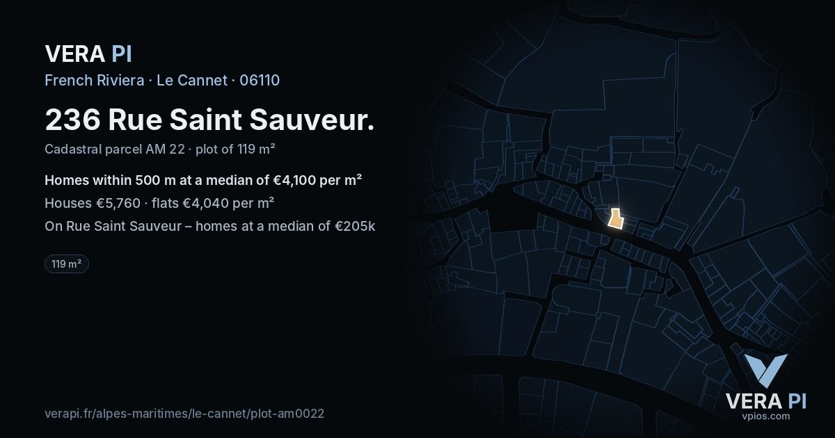 236 Rue Saint Sauveur, Le Cannet at night – the plot lit, the parcels around coloured by the prices near them