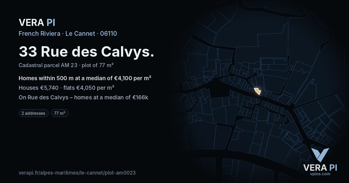 33 Rue des Calvys, Le Cannet at night – the plot lit, the parcels around coloured by the prices near them