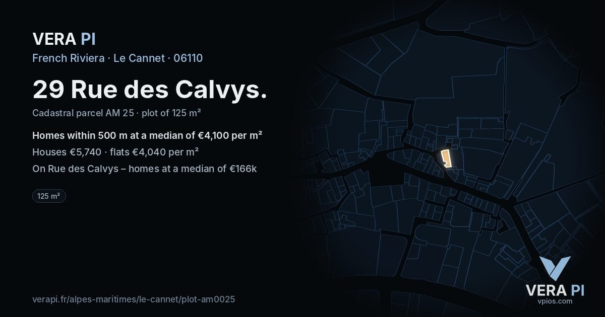 29 Rue des Calvys, Le Cannet at night – the plot lit, the parcels around coloured by the prices near them