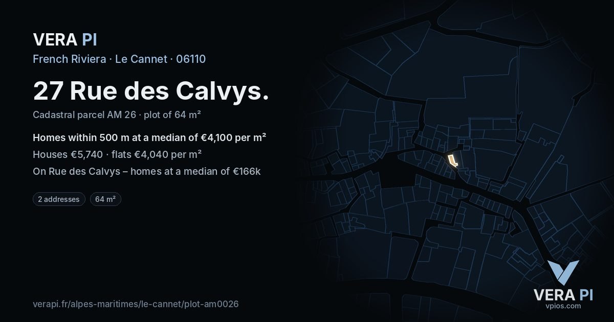 27 Rue des Calvys, Le Cannet at night – the plot lit, the parcels around coloured by the prices near them