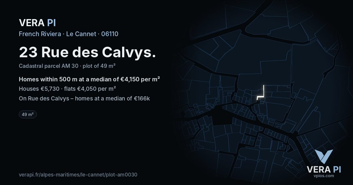23 Rue des Calvys, Le Cannet at night – the plot lit, the parcels around coloured by the prices near them