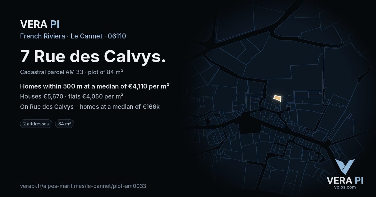 7 Rue des Calvys, Le Cannet at night – the plot lit, the parcels around coloured by the prices near them