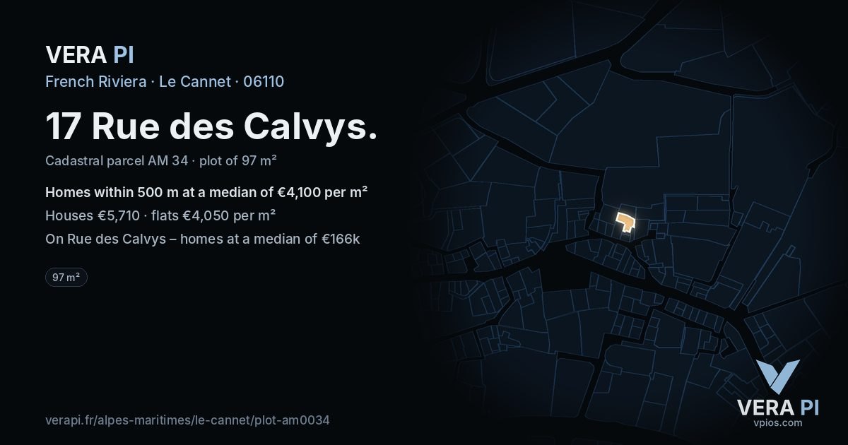 17 Rue des Calvys, Le Cannet at night – the plot lit, the parcels around coloured by the prices near them