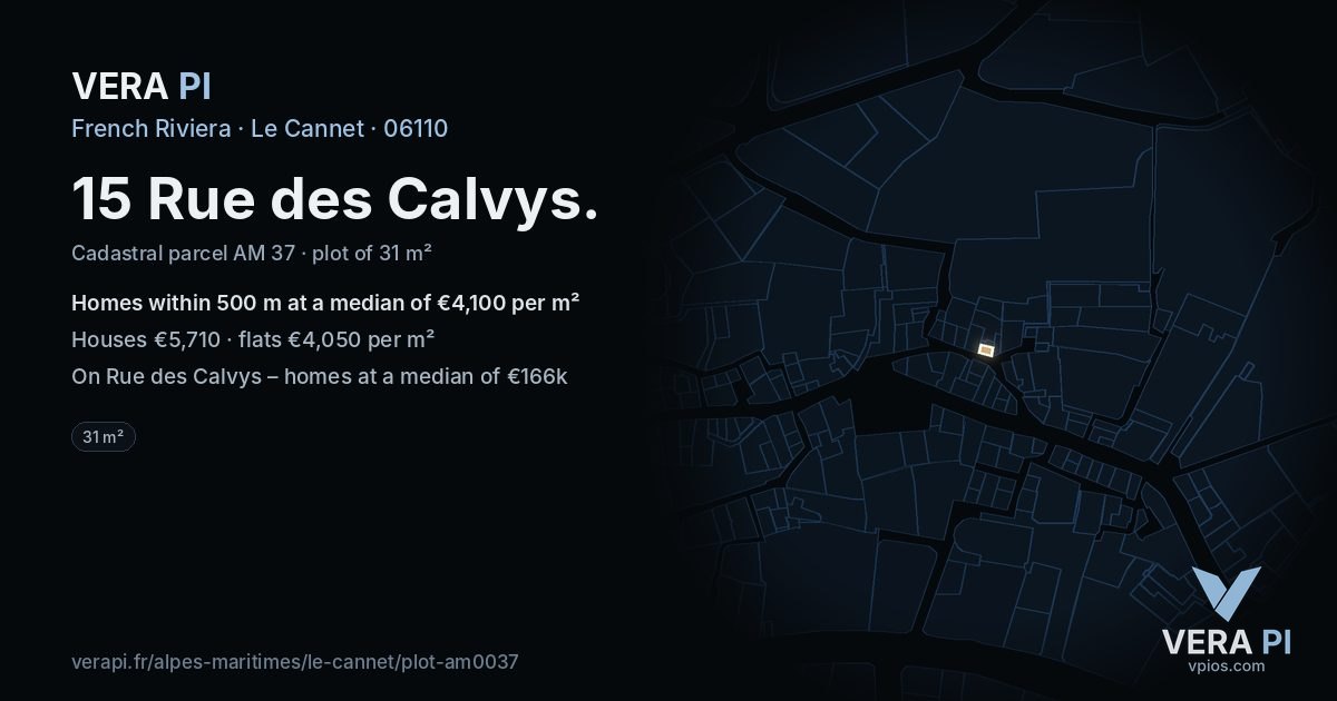 15 Rue des Calvys, Le Cannet at night – the plot lit, the parcels around coloured by the prices near them