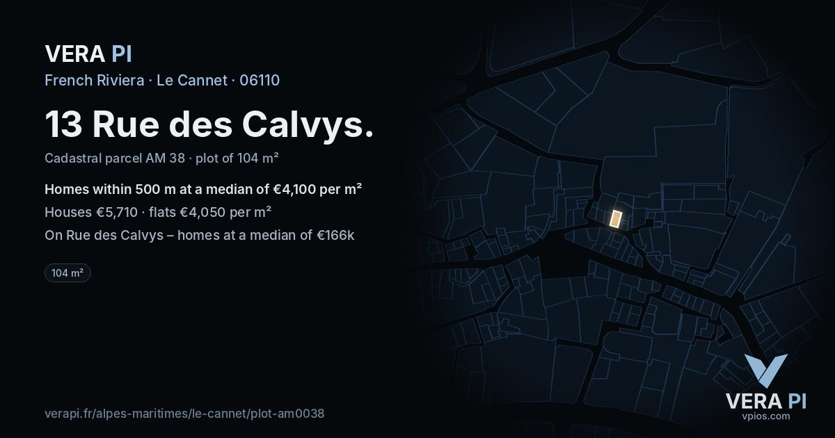 13 Rue des Calvys, Le Cannet at night – the plot lit, the parcels around coloured by the prices near them