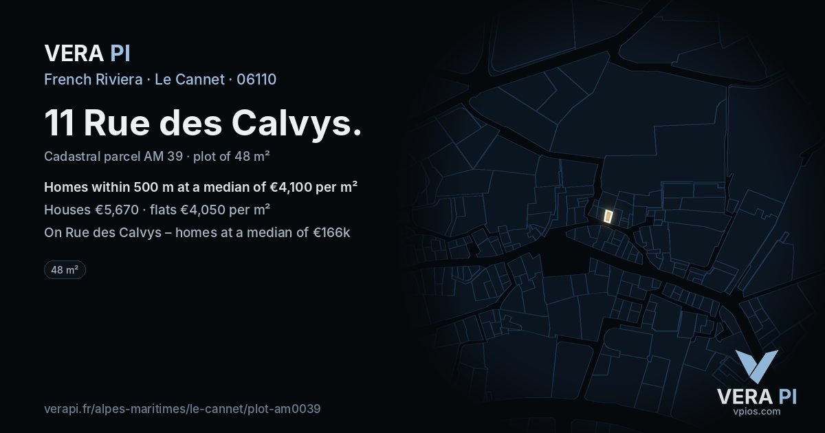 11 Rue des Calvys, Le Cannet at night – the plot lit, the parcels around coloured by the prices near them