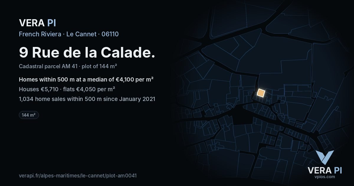 9 Rue de la Calade, Le Cannet at night – the plot lit, the parcels around coloured by the prices near them