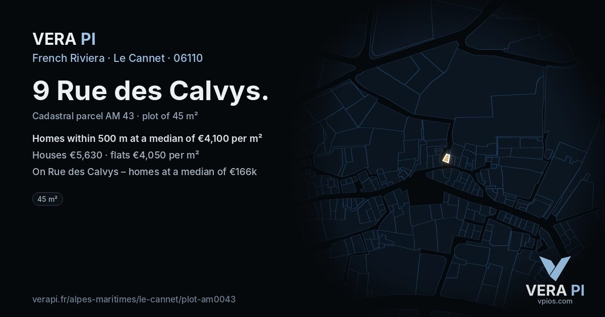 9 Rue des Calvys, Le Cannet at night – the plot lit, the parcels around coloured by the prices near them