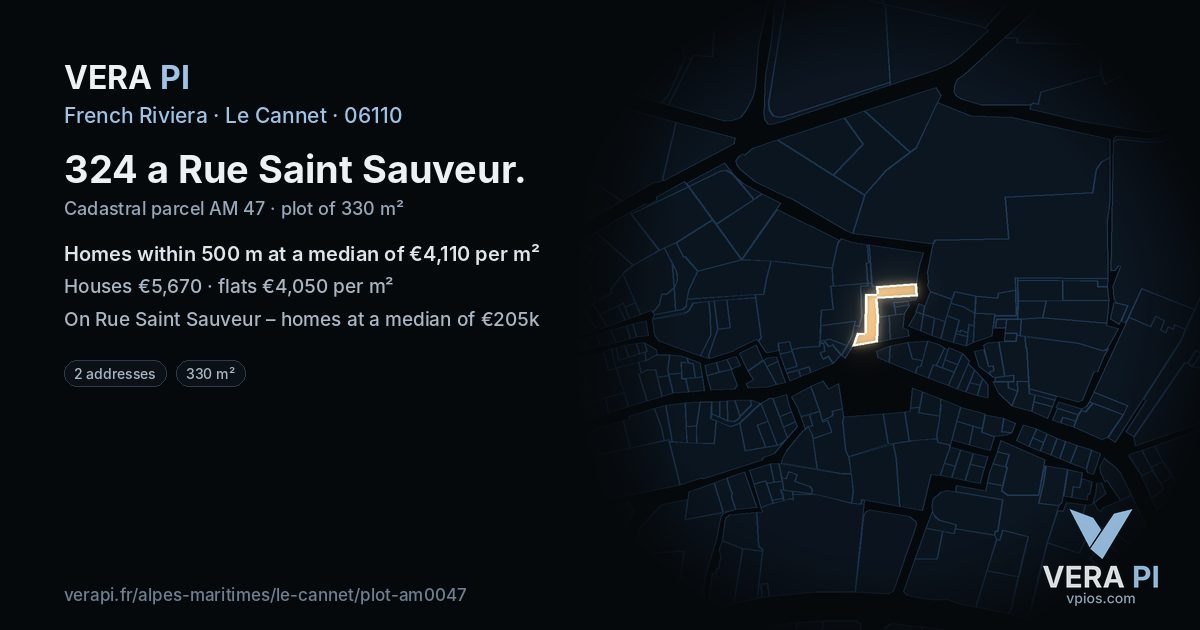 324 a Rue Saint Sauveur, Le Cannet at night – the plot lit, the parcels around coloured by the prices near them