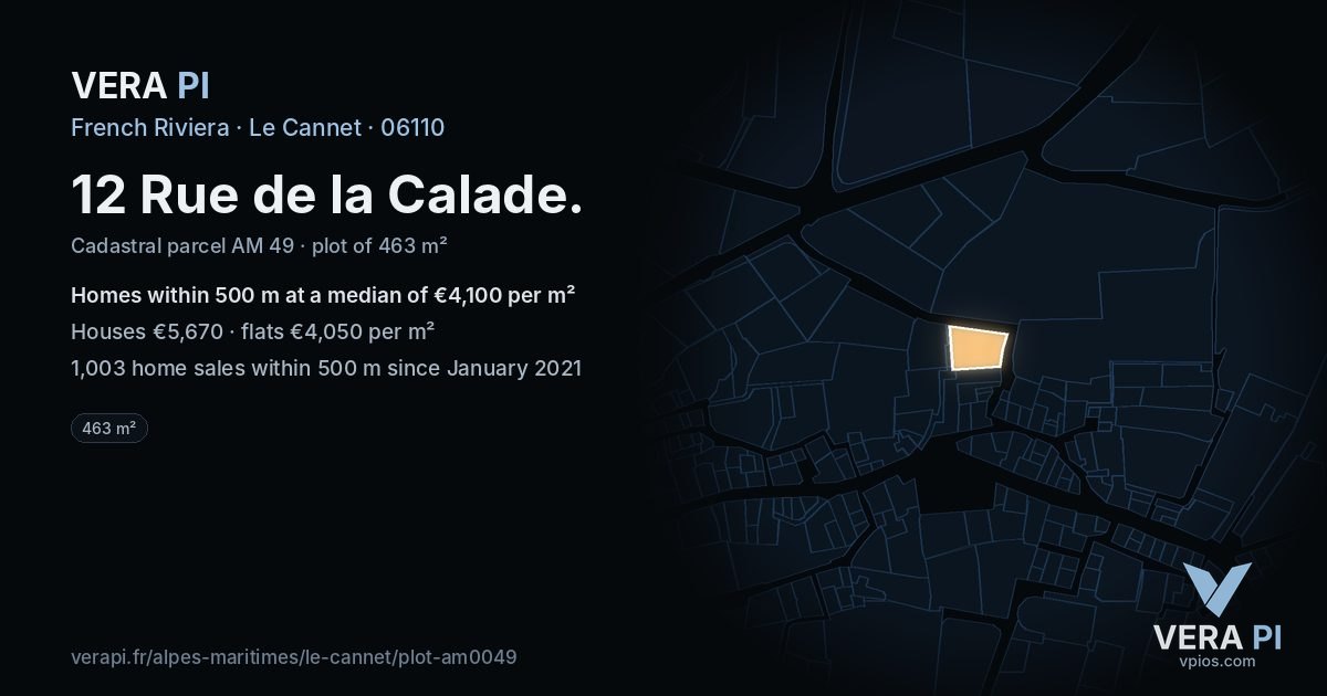12 Rue de la Calade, Le Cannet at night – the plot lit, the parcels around coloured by the prices near them