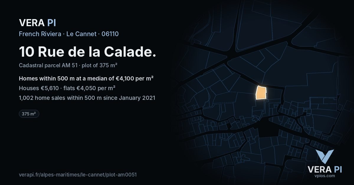 10 Rue de la Calade, Le Cannet at night – the plot lit, the parcels around coloured by the prices near them