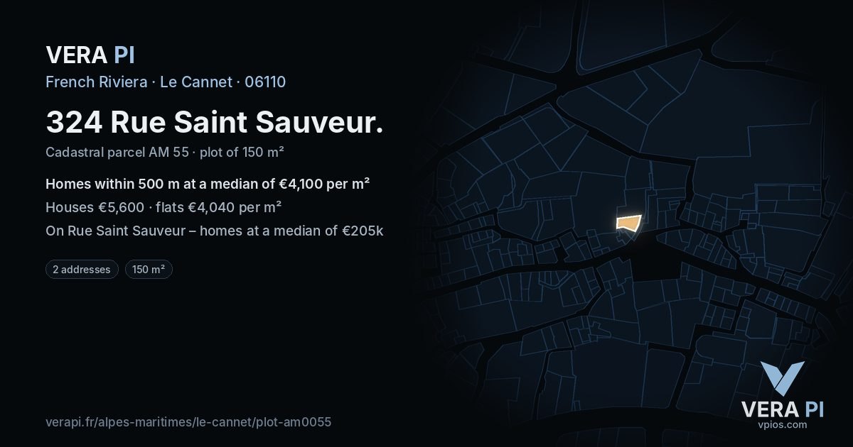 324 Rue Saint Sauveur, Le Cannet at night – the plot lit, the parcels around coloured by the prices near them