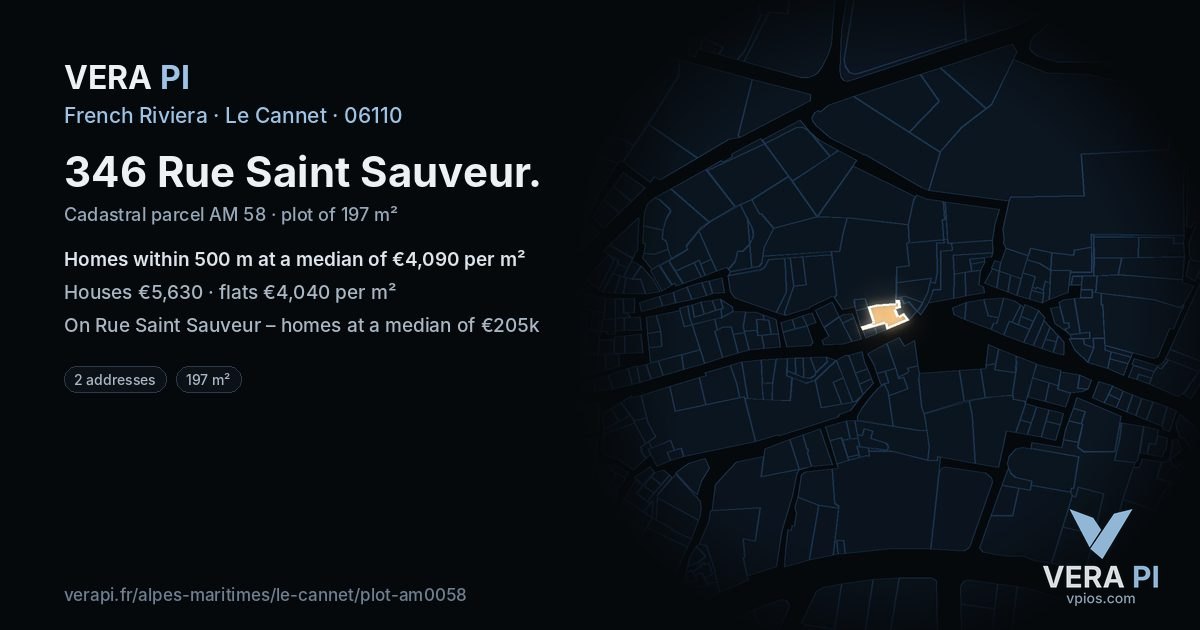 346 Rue Saint Sauveur, Le Cannet at night – the plot lit, the parcels around coloured by the prices near them
