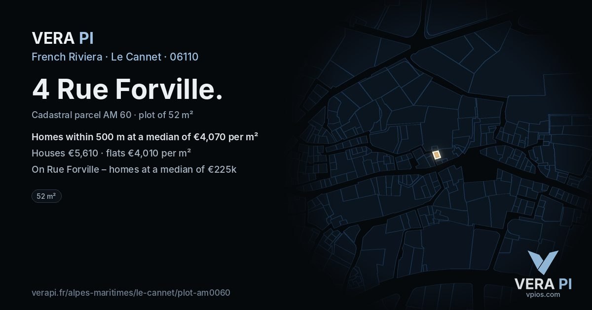 4 Rue Forville, Le Cannet at night – the plot lit, the parcels around coloured by the prices near them