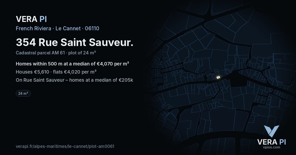 354 Rue Saint Sauveur, Le Cannet at night – the plot lit, the parcels around coloured by the prices near them