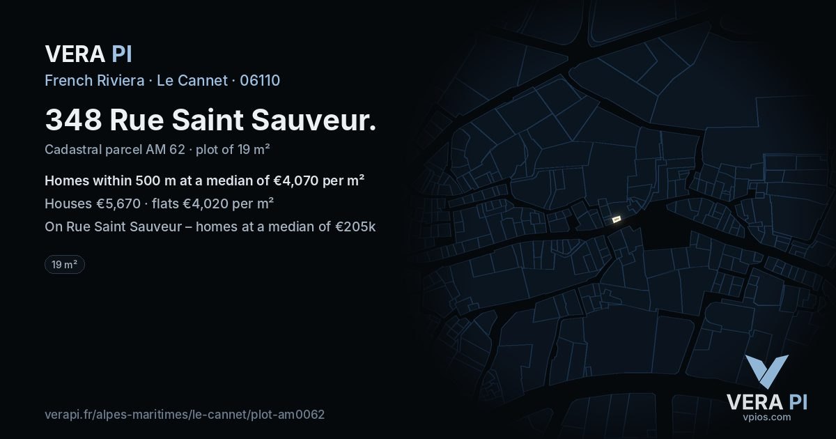348 Rue Saint Sauveur, Le Cannet at night – the plot lit, the parcels around coloured by the prices near them