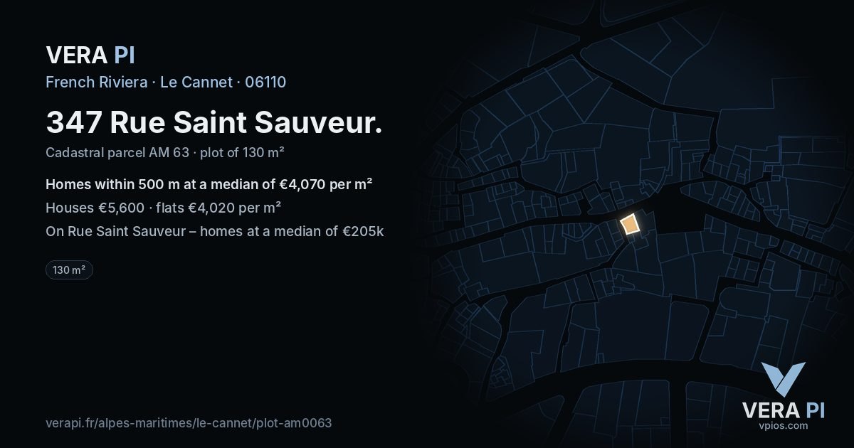 347 Rue Saint Sauveur, Le Cannet at night – the plot lit, the parcels around coloured by the prices near them