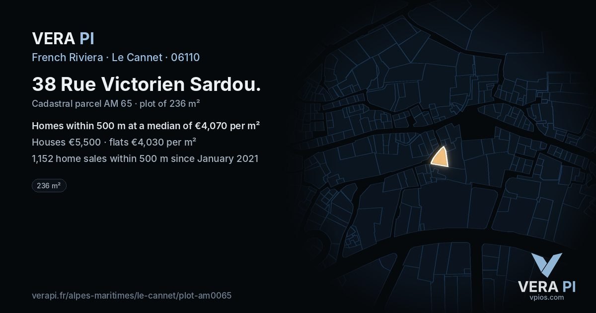 38 Rue Victorien Sardou, Le Cannet at night – the plot lit, the parcels around coloured by the prices near them