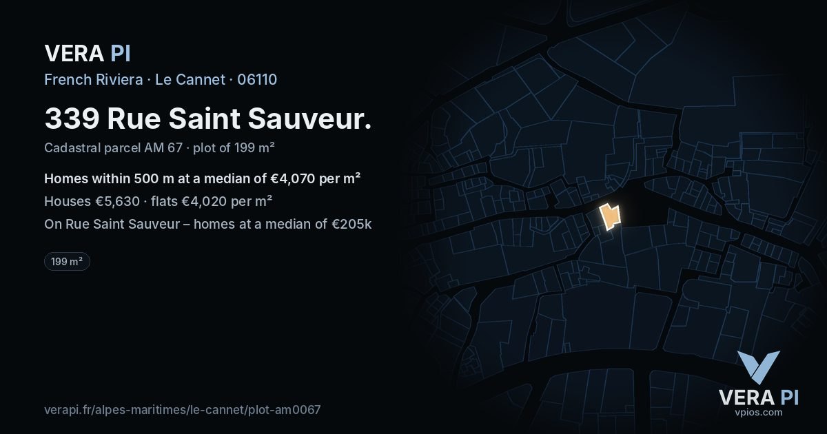339 Rue Saint Sauveur, Le Cannet at night – the plot lit, the parcels around coloured by the prices near them