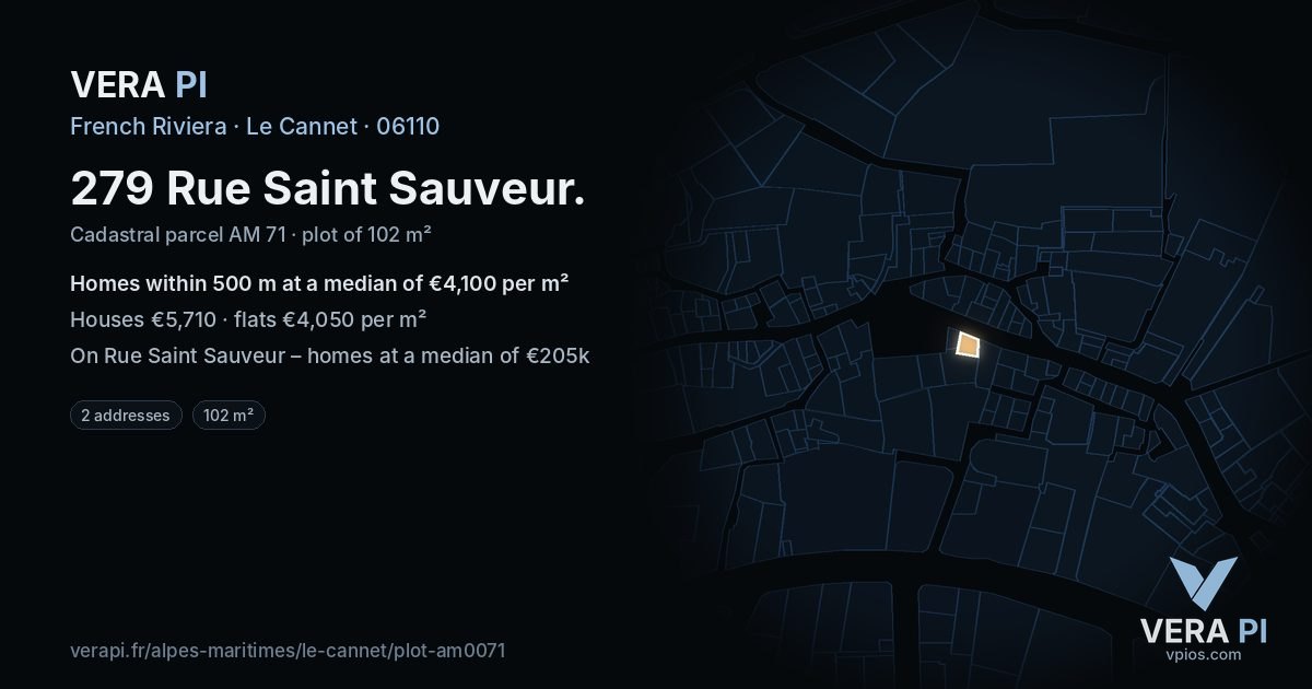 279 Rue Saint Sauveur, Le Cannet at night – the plot lit, the parcels around coloured by the prices near them