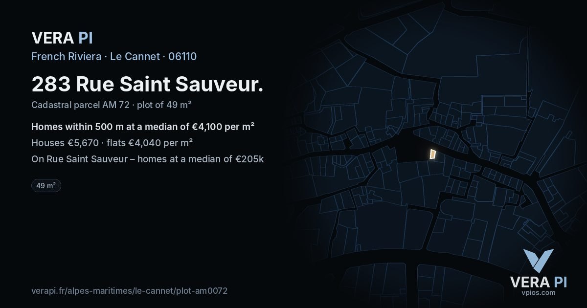 283 Rue Saint Sauveur, Le Cannet at night – the plot lit, the parcels around coloured by the prices near them